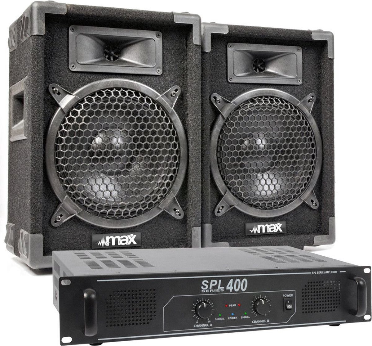 foto van een 400Watt geluidsset speakers met versterker