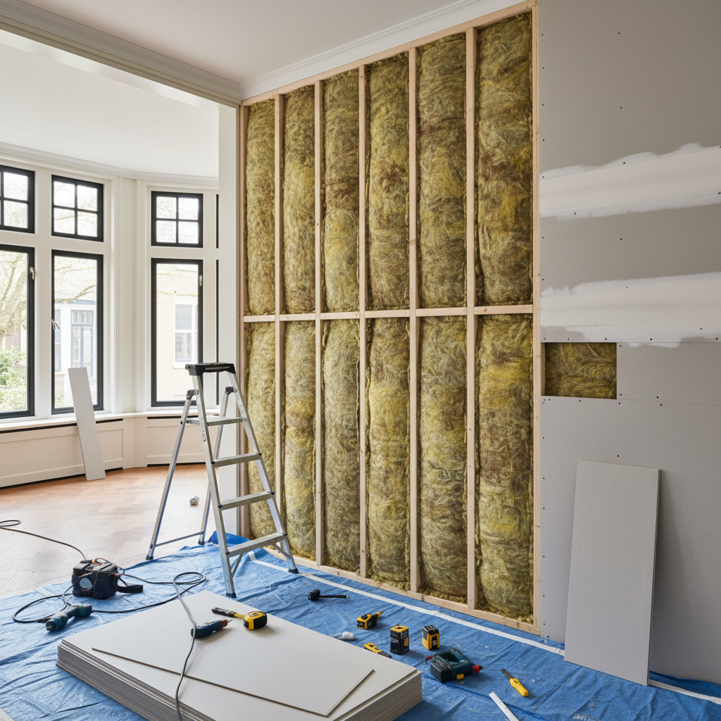 Muur geluidsisolatie met voorzetwand en steenwol