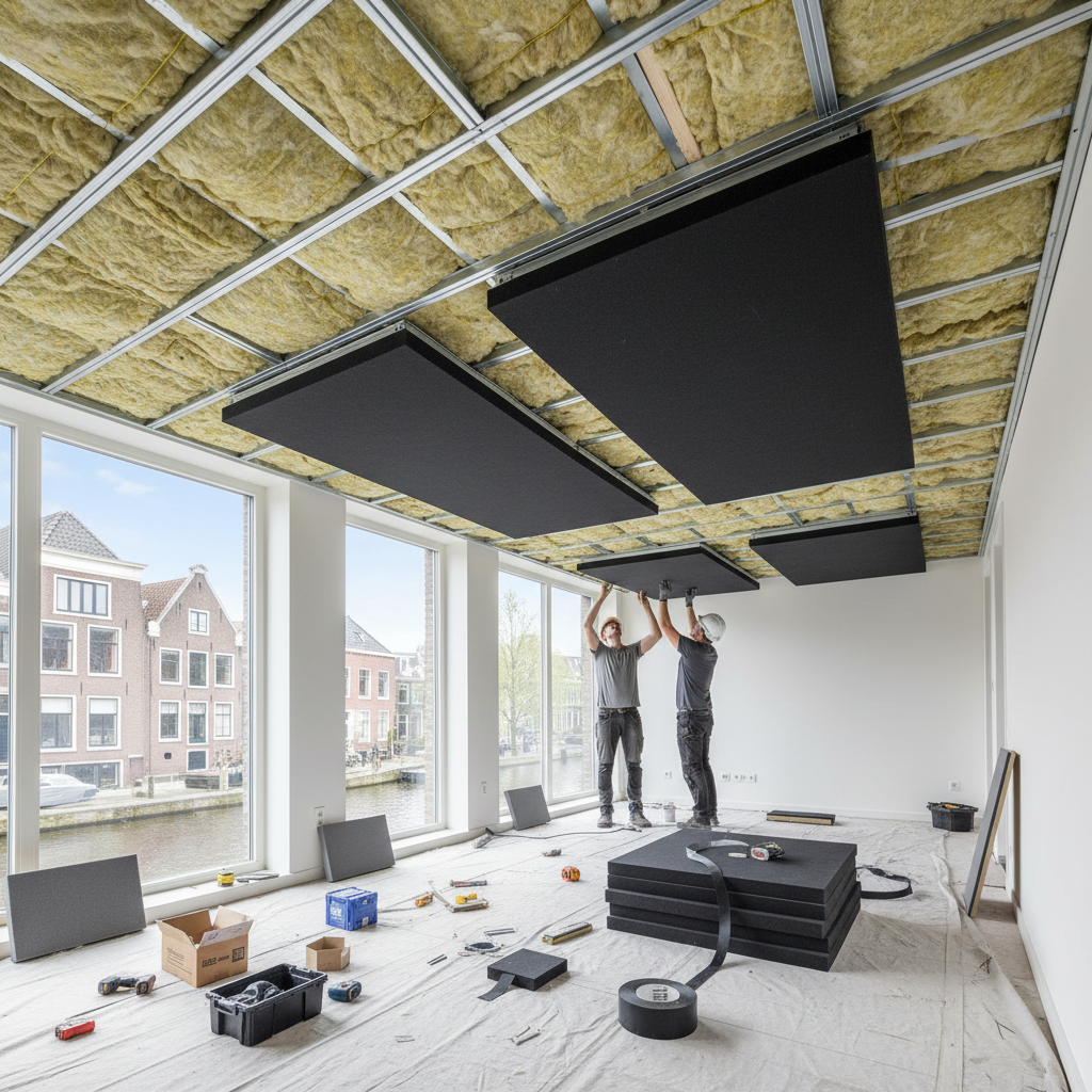 Plafond geluidsisolatie met minerale wol en profielen