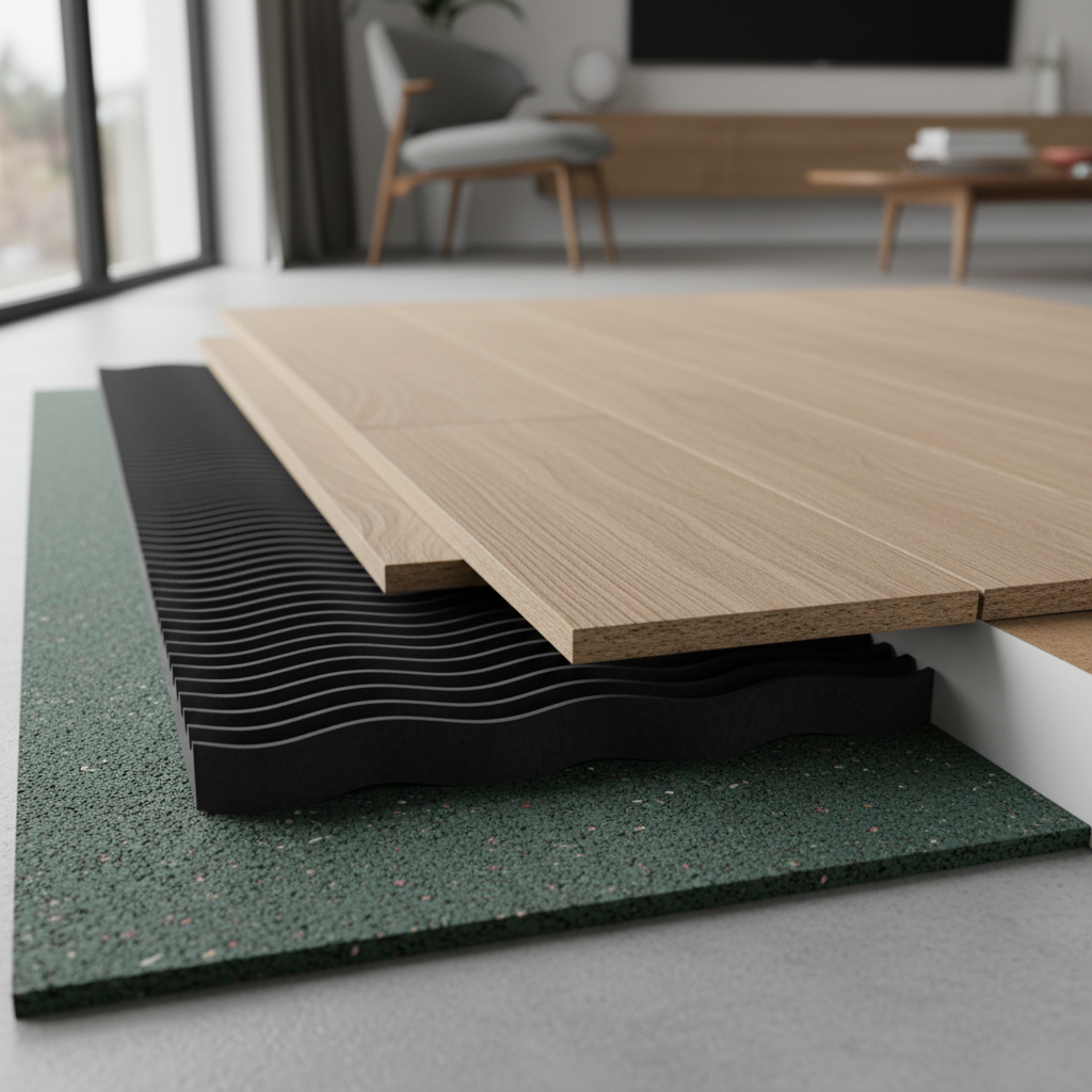 Vloer geluidsisolatie met ondervloer en zwevende vloer