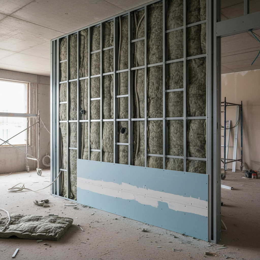 Complete voorzetwand constructie met MS trillingsdempers, geluidsisolatie materialen en afwerking